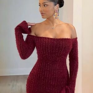 Off-Shoulder Fuzzy Bodycon Dress in Red Burgundy